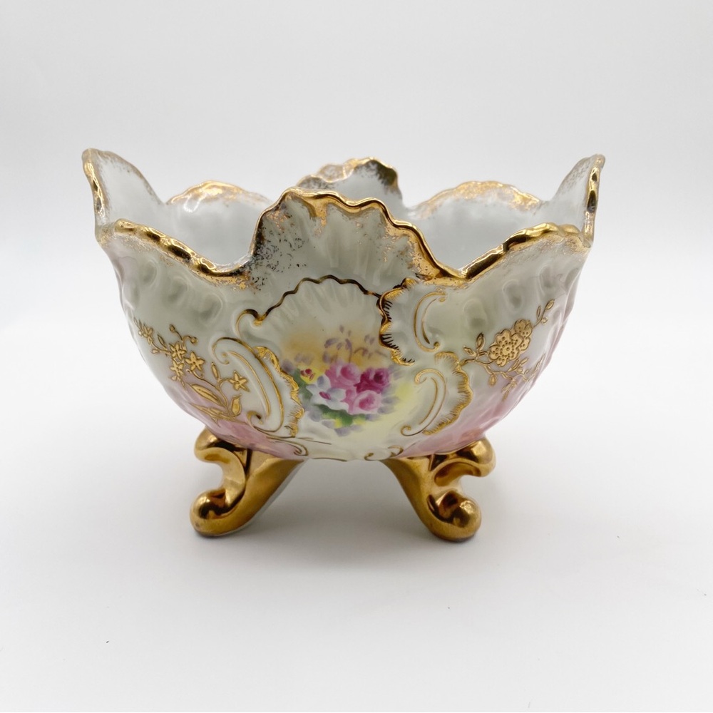 Gold Trimmed Trinket Bowl Candy Bowl with Flower Accent Bowl - Picture 3 of 11